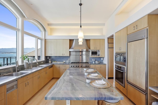 kitchen featuring built in appliances, wall chimney range hood, decorative backsplash, and a sink