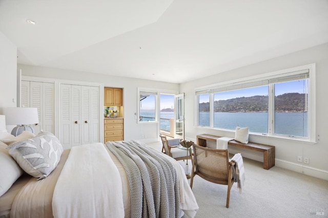 bedroom featuring multiple closets, a water view, light colored carpet, baseboards, and access to exterior