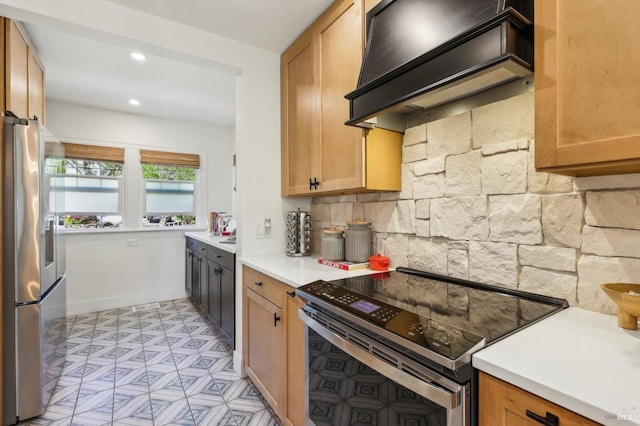 17 Hanns Ave, Vallejo, CA 94590 - kitchen featuring light floors, light countertops, premium range hood, tasteful backsplash, and appliances with stainless steel finishes