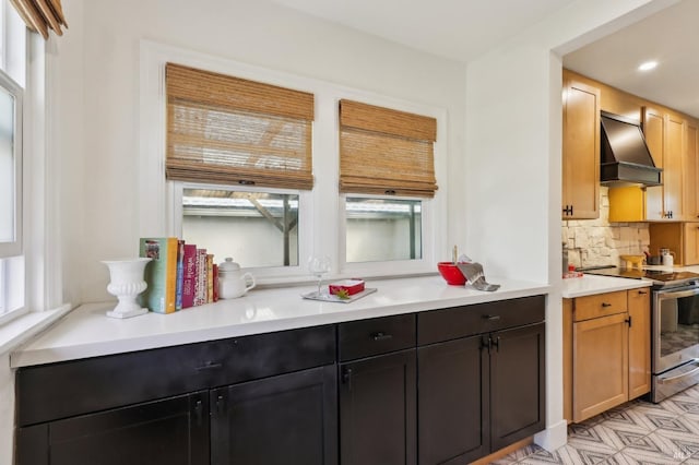 17 Hanns Ave, Vallejo, CA 94590 - kitchen with decorative backsplash, stainless steel electric range oven, light countertops, custom range hood, and recessed lighting