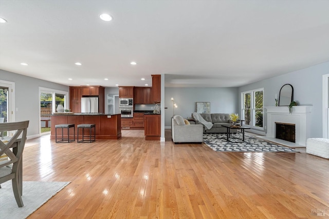 living room featuring light wood-type flooring, a wealth of natural light, a fireplace with raised hearth, and recessed lighting