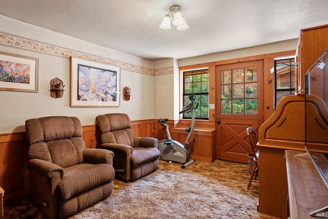 sitting room with wooden walls, carpet floors, and wainscoting
