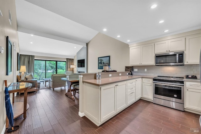 kitchen with stainless steel appliances, a peninsula, dark wood-style floors, open floor plan, and vaulted ceiling