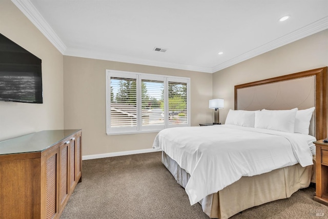 bedroom with baseboards, visible vents, recessed lighting, dark carpet, and crown molding