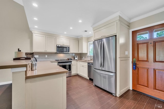 kitchen with decorative backsplash, a peninsula, appliances with stainless steel finishes, and a wealth of natural light