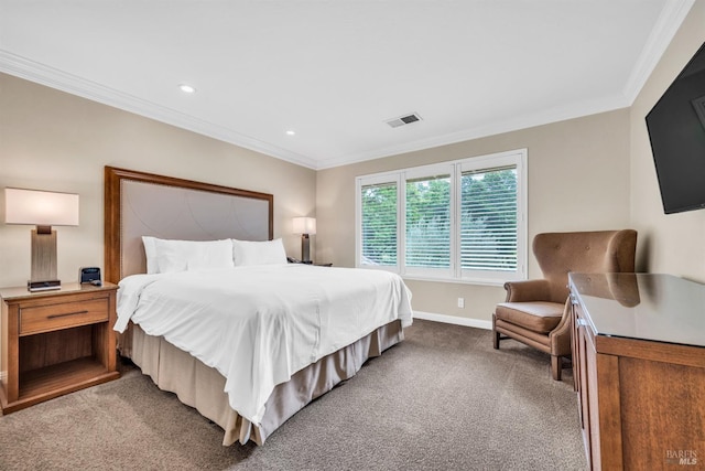 bedroom with visible vents, carpet, recessed lighting, and ornamental molding