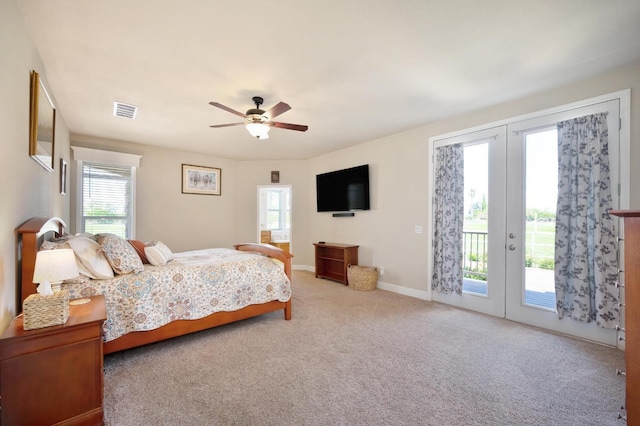 carpeted bedroom featuring visible vents, access to exterior, french doors, baseboards, and ceiling fan