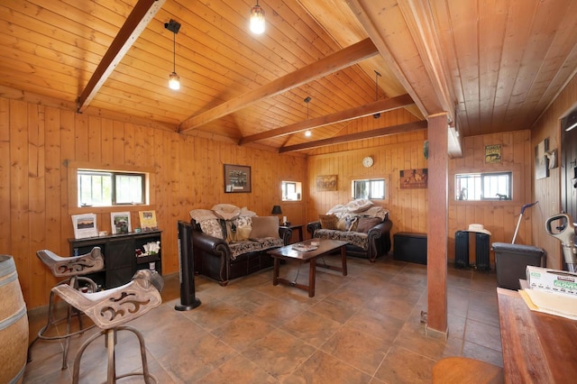 living area featuring wood walls, wood ceiling, and lofted ceiling with beams