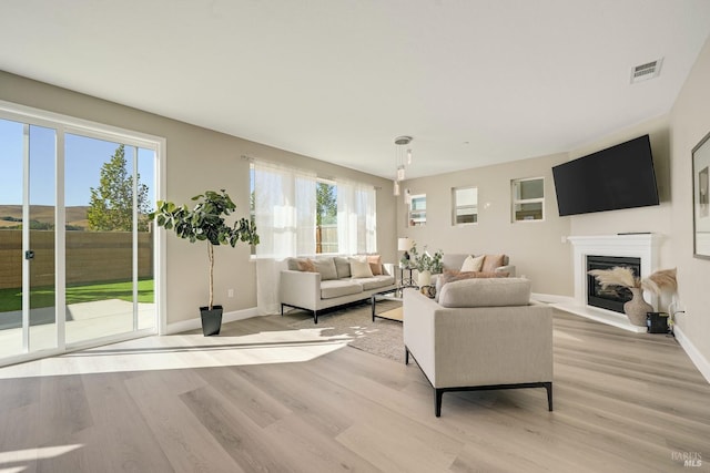 living room featuring baseboards, a healthy amount of sunlight, visible vents, and light wood-type flooring