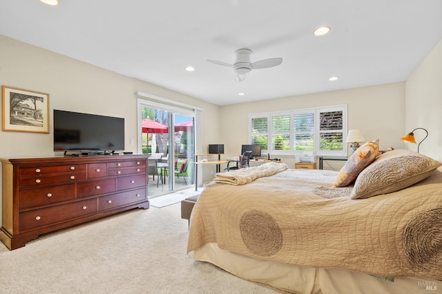 195 Mountain Vista Pl, Santa Rosa, CA 95409 - bedroom with access to outside, light colored carpet, an office area, recessed lighting, and ceiling fan