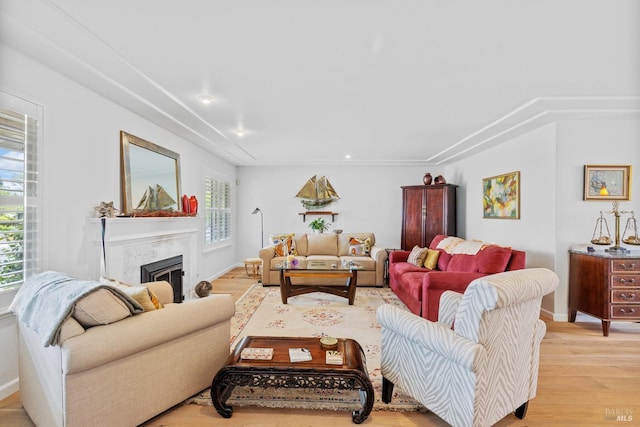 195 Mountain Vista Pl, Santa Rosa, CA 95409 - living area with light wood-style floors, a premium fireplace, baseboards, and recessed lighting