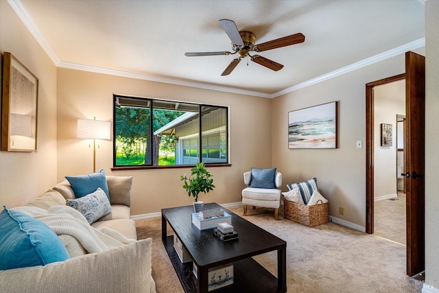 103 Camino Vis, Saint Helena, CA 94574 - carpeted living area featuring a ceiling fan, baseboards, and ornamental molding