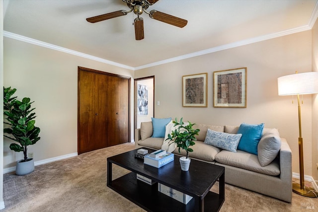 103 Camino Vis, Saint Helena, CA 94574 - living room with a ceiling fan, baseboards, carpet, and crown molding