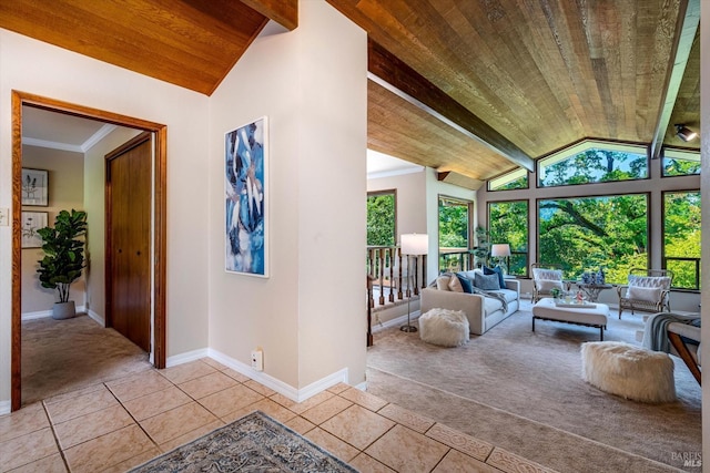 103 Camino Vis, Saint Helena, CA 94574 - interior space featuring light tile patterned flooring, vaulted ceiling with beams, baseboards, light colored carpet, and wooden ceiling
