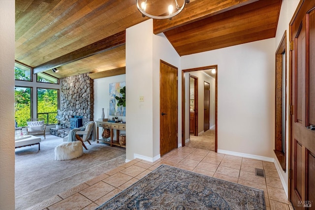 103 Camino Vis, Saint Helena, CA 94574 - foyer with visible vents, vaulted ceiling with beams, wooden ceiling, and light tile patterned floors