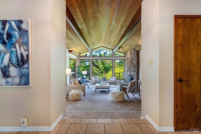 103 Camino Vis, Saint Helena, CA 94574 - carpeted living room featuring lofted ceiling with beams, tile patterned floors, wooden ceiling, and baseboards