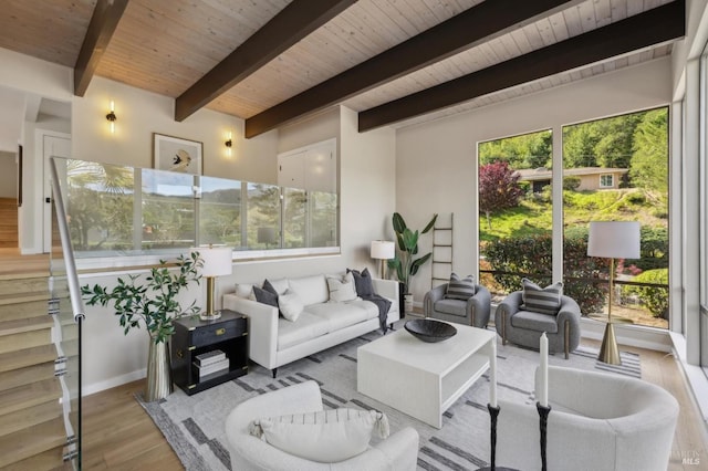 living room with beam ceiling, wood finished floors, and wood ceiling