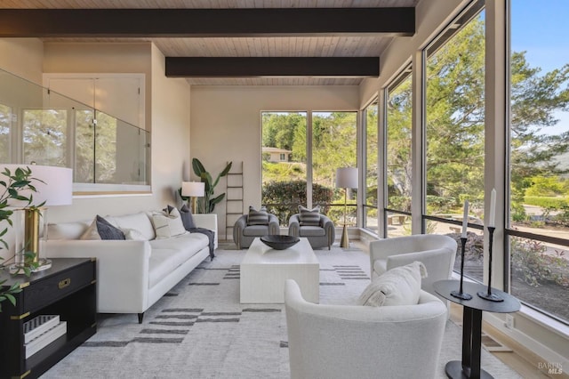 sunroom / solarium featuring wood ceiling and beamed ceiling