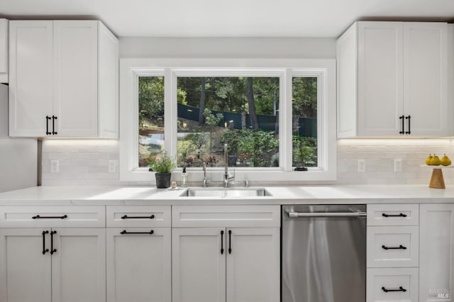 kitchen with a sink, dishwasher, white cabinetry, and tasteful backsplash