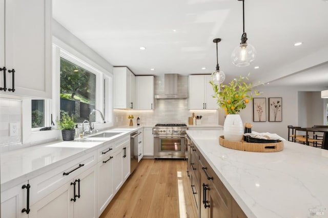 kitchen featuring white cabinetry, decorative backsplash, a sink, appliances with stainless steel finishes, and wall chimney exhaust hood