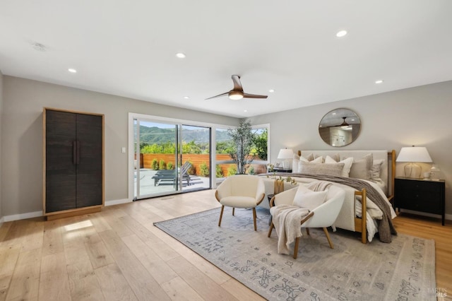 bedroom featuring recessed lighting, light wood-style floors, access to exterior, baseboards, and a ceiling fan
