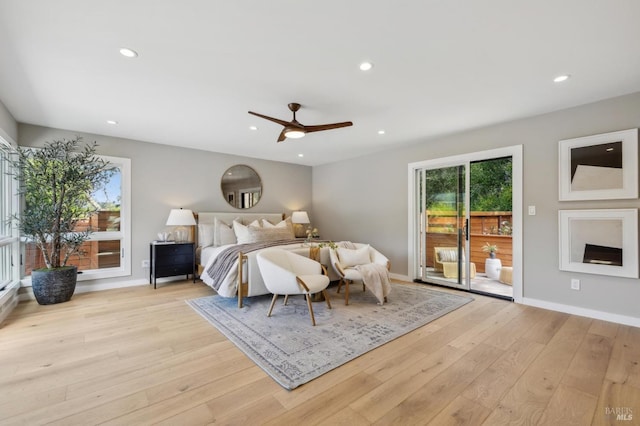 bedroom featuring recessed lighting, light wood-style flooring, and access to outside
