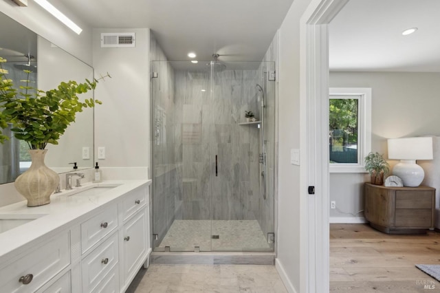 bathroom with recessed lighting, visible vents, baseboards, and a stall shower