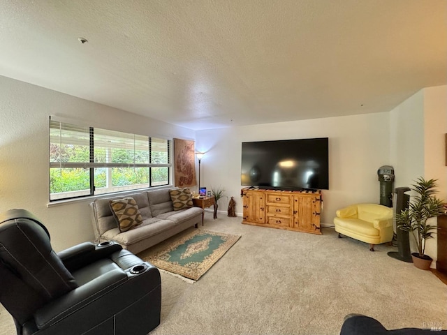living room with carpet and a textured ceiling