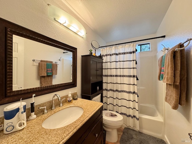 full bathroom with a textured ceiling, vanity, a textured wall, shower / tub combo, and toilet
