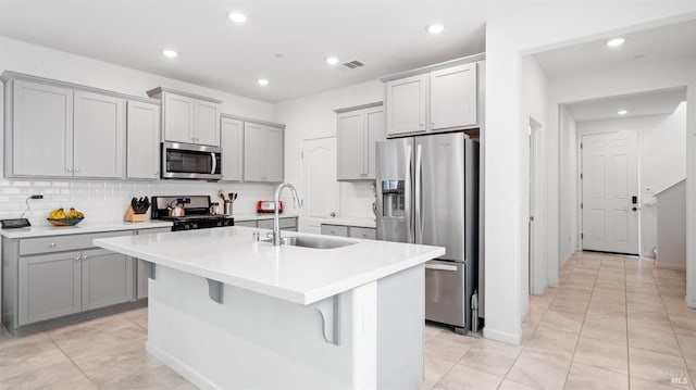 2350 White Dr, Fairfield, CA 94533 - kitchen with stainless steel appliances, a sink, gray cabinets, decorative backsplash, and recessed lighting