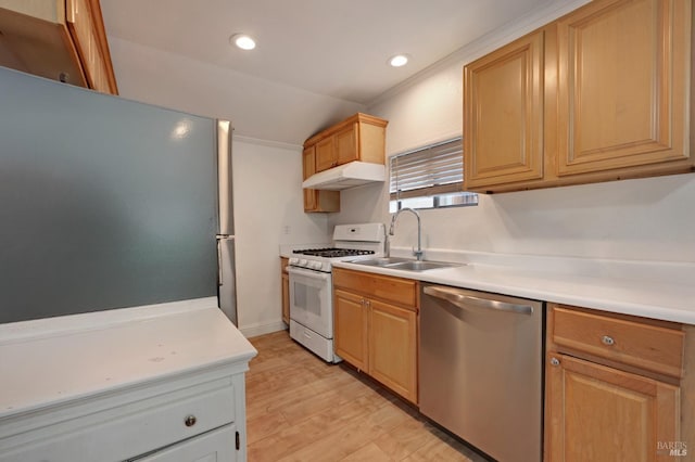 215 Iowa St, Santa Rosa, CA 95401 - kitchen with light wood finished floors, a sink, light countertops, under cabinet range hood, and appliances with stainless steel finishes