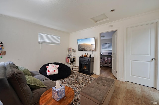 215 Iowa St, Santa Rosa, CA 95401 - living area featuring attic access, a warm lit fireplace, ornamental molding, and light wood-style flooring