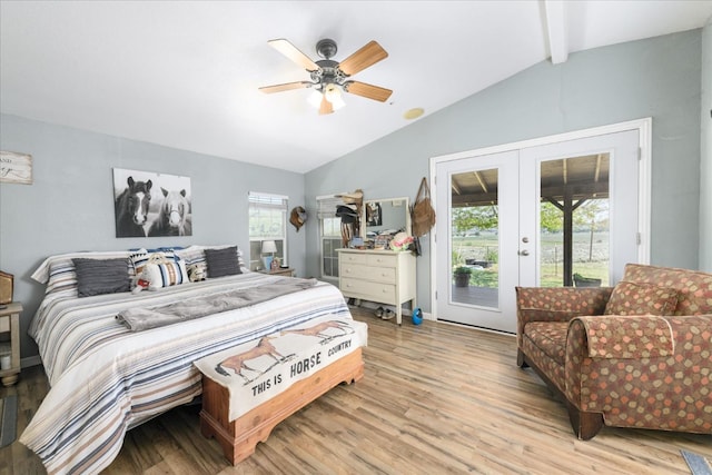 bedroom featuring wood finished floors, vaulted ceiling with beams, ceiling fan, french doors, and access to exterior