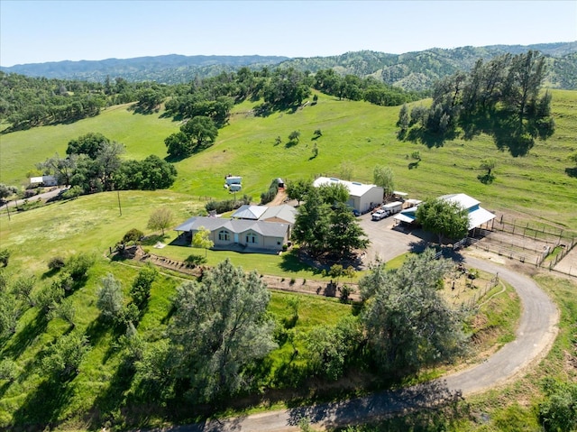 aerial view featuring a mountain view and a rural view