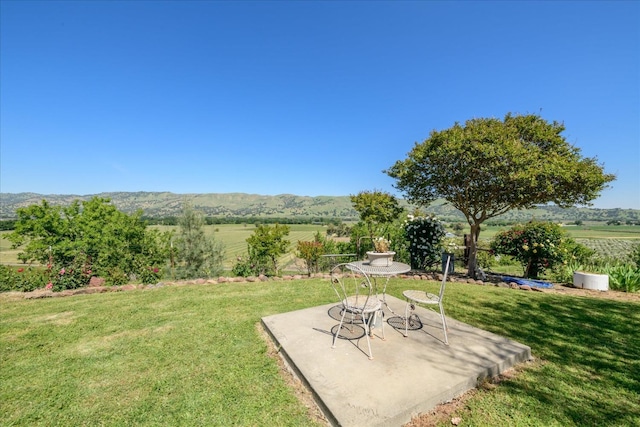view of yard featuring a patio area, a rural view, and a mountain view