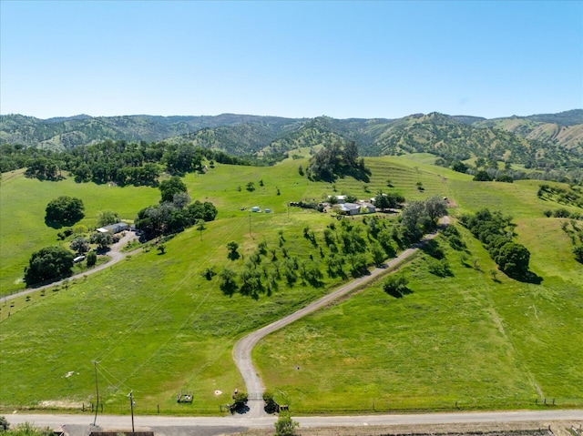 aerial view featuring a mountain view and a rural view