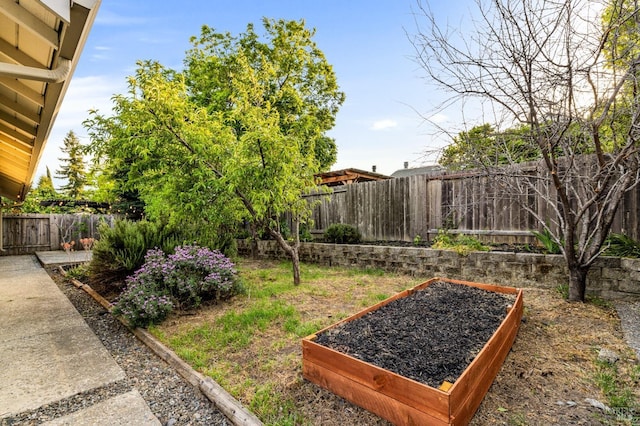 view of yard featuring a garden and a fenced backyard