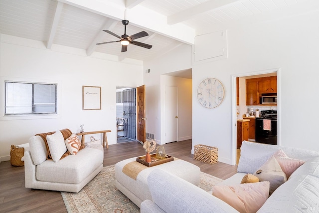 living room featuring wood finished floors, visible vents, beam ceiling, high vaulted ceiling, and ceiling fan