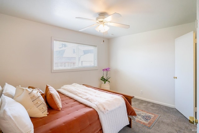 bedroom featuring carpet, a ceiling fan, and baseboards