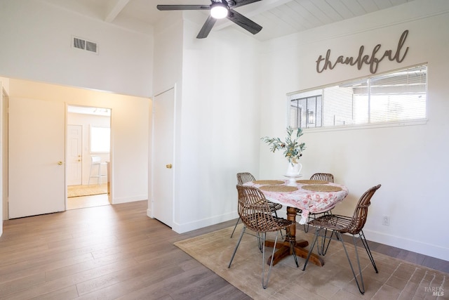 dining room with beamed ceiling, wood finished floors, and visible vents