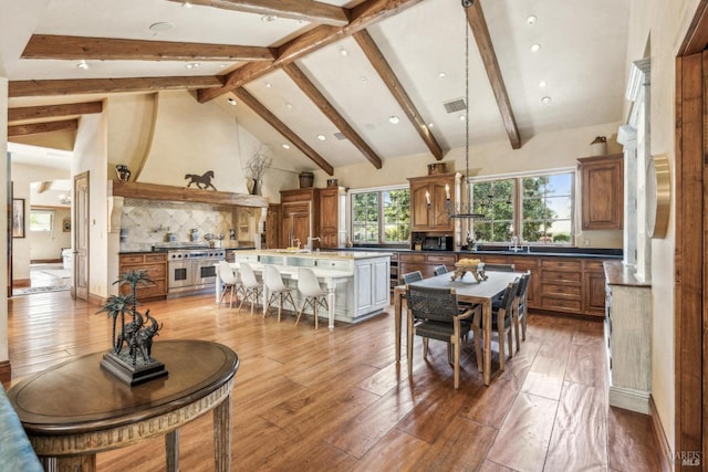 1571 Silver Trl, Napa, CA 94558 - dining room featuring recessed lighting, light wood-type flooring, visible vents, and beam ceiling