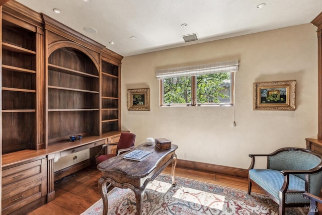 1571 Silver Trl, Napa, CA 94558 - home office with dark wood finished floors, baseboards, visible vents, built in desk, and recessed lighting