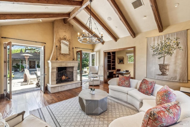 1571 Silver Trl, Napa, CA 94558 - living area with a healthy amount of sunlight, a chandelier, visible vents, and beam ceiling