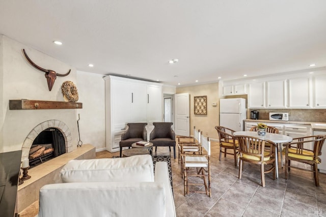 1571 Silver Trl, Napa, CA 94558 - living room with baseboards, recessed lighting, a fireplace with raised hearth, and light tile patterned flooring