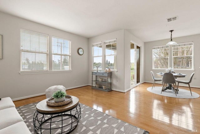 living room featuring a healthy amount of sunlight, light wood-style flooring, and visible vents