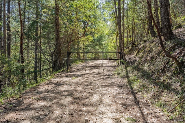 view of road featuring a gate and a wooded view