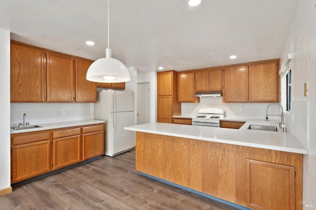 kitchen featuring a peninsula, wood finished floors, a sink, and white appliances
