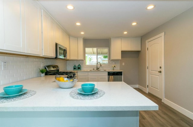 kitchen featuring tasteful backsplash, a sink, stainless steel appliances, baseboards, and recessed lighting