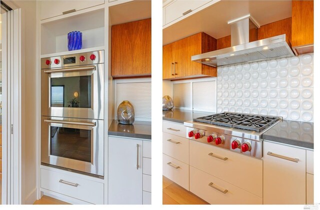 86 Sugarloaf Dr, Tiburon, CA 94920 - kitchen with modern cabinets, stainless steel appliances, open shelves, backsplash, and wall chimney range hood