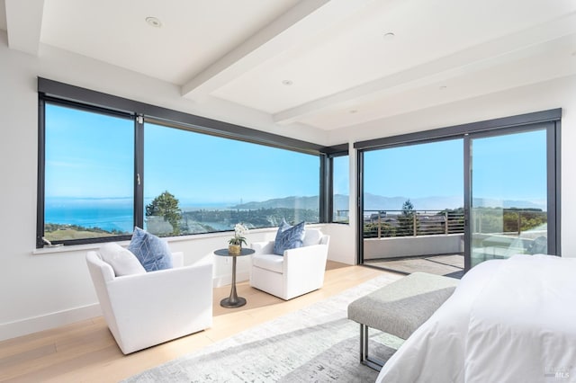 86 Sugarloaf Dr, Tiburon, CA 94920 - bedroom with beamed ceiling, a mountain view, access to exterior, baseboards, and wood finished floors